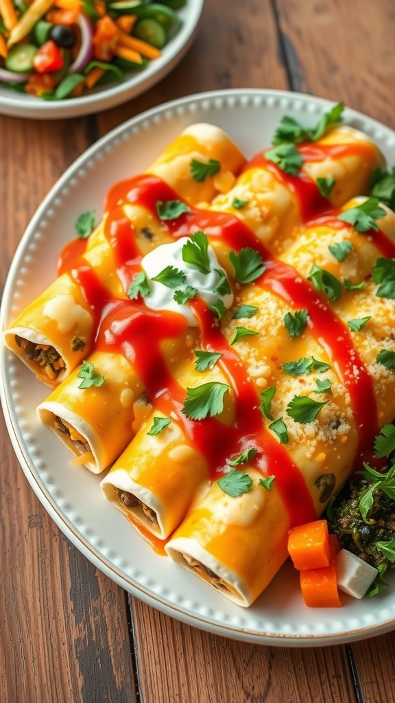 Baked spinach and black bean enchiladas topped with cheese and cilantro on a rustic table.